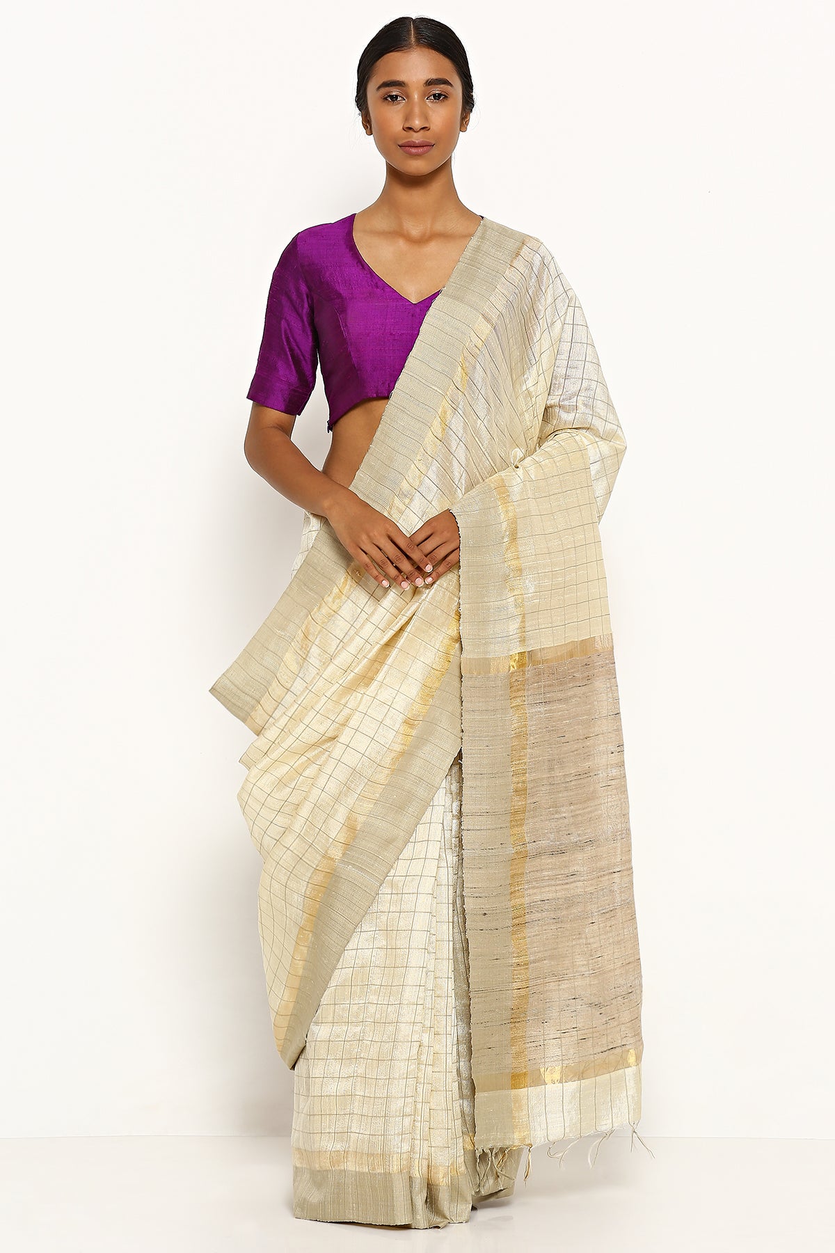 Ivory Gold Tussar Silk Check Saree Via East ivory-gold-tussar-silk-check-saree-via-east