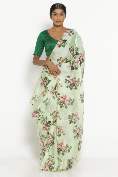 Via East green handloom kota silk cotton saree with all over digital floral print