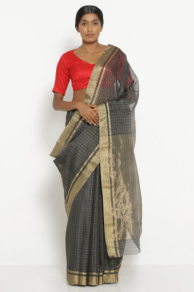 Via East dark grey handloom silk cotton chanderi saree with all over zari checks