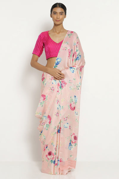 Via East powder pink silk satin saree with all over floral print        