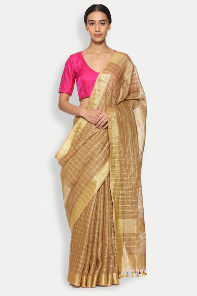 Via East copy of tawny brown pure linen saree with all over checked pattern