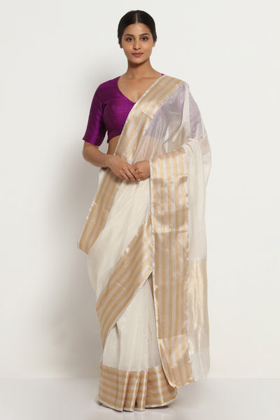 Via East white handloom silk cotton chanderi saree with silver gold border
