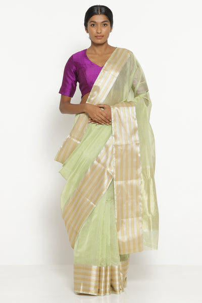 Via East sage green handloom silk cotton chanderi saree with gold and silver woven border