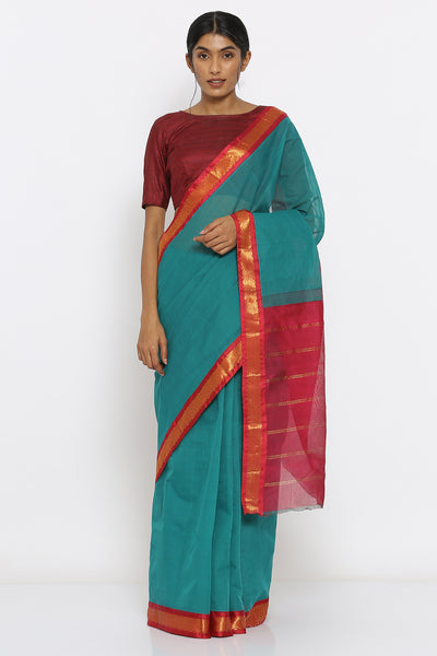 Via East teal green handloom cotton gadwal saree with intricate border and striped pallu