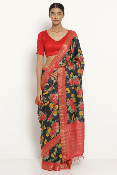 Via East black handloom pure tussar silk saree with all over floral print       