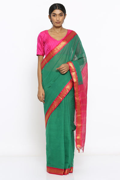 Via East green handloom cotton gadwal saree with intricate border and striped pallu