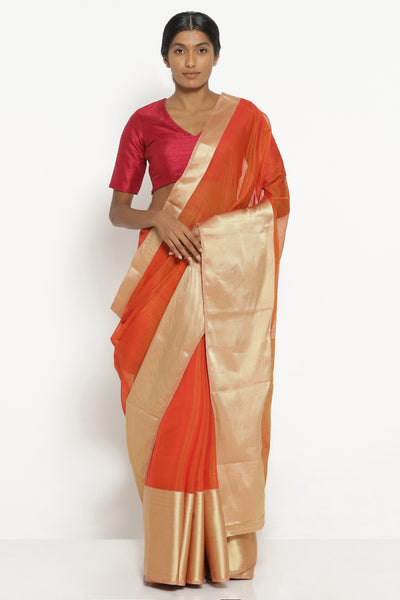 Via East orange handloom silk cotton chanderi saree with rich gold border