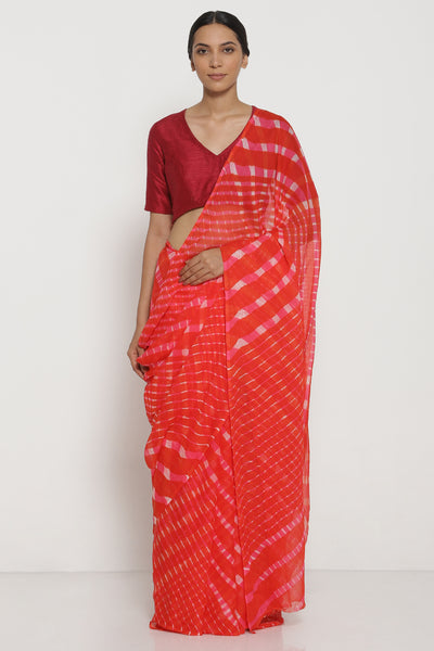 Via East orange and pink pure chiffon saree with traditional leheriya pattern        