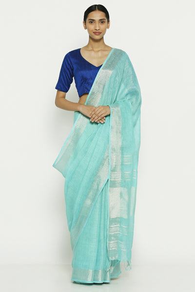 Via East sea blue linen cotton saree with woven pallu 