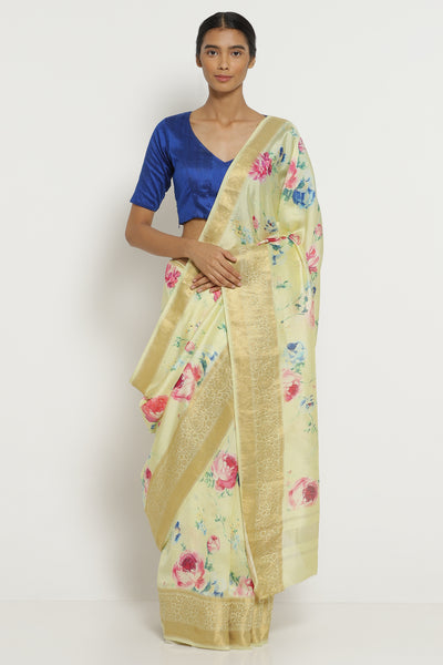 Via East light yellow dupion silk with all over floral print and detailed border      