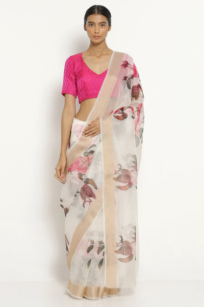 Via East off white pink handloom pure silk organza saree with all over floral print     