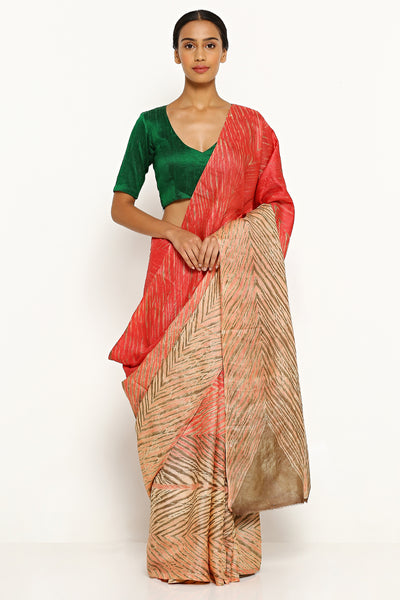 Via East beige orange pure tussar silk saree with all over traditional hand dyed shibori print