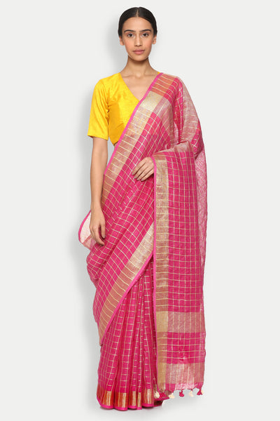 Via East copy of vibrant pink pure linen saree with all over checked pattern