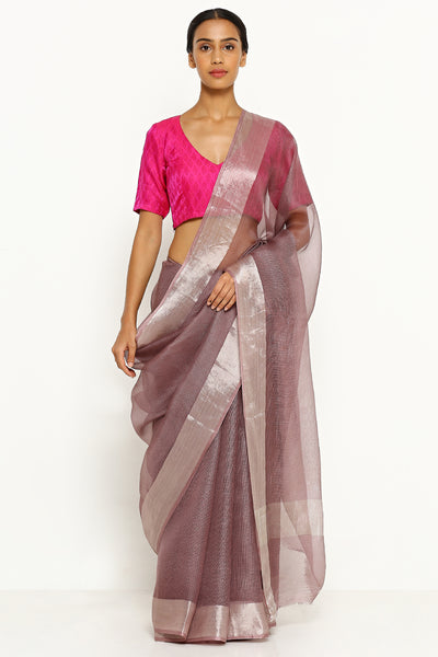 Via East purple pure silk kota saree with silver zari border