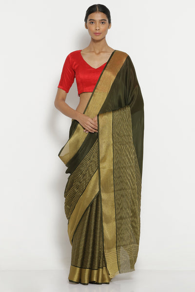 Via East grey pure crepe saree with gold zari striped pattern