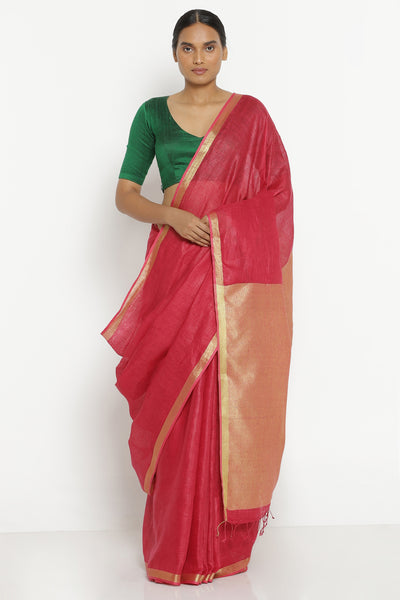Via East cherry red pure linen saree with solid gold zari pallu