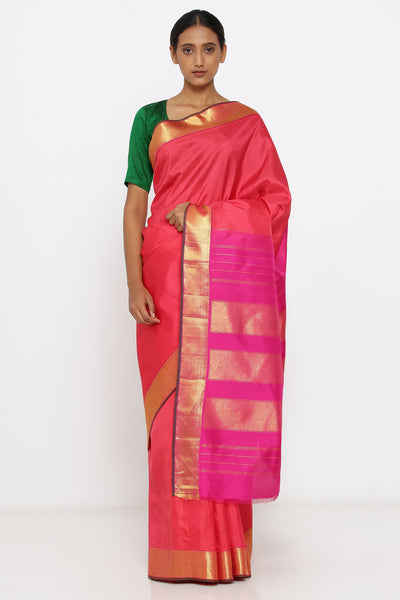 Via East pink genuine handloom kanjeevaram silk saree with allover checked pattern and rich pallu