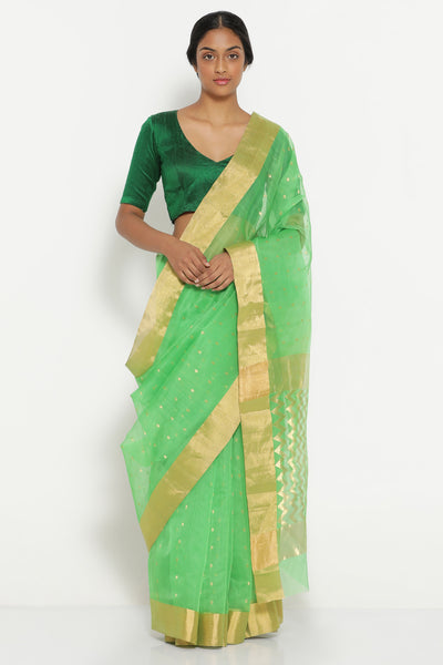 Via East vibrant green handloom pure silk cotton chanderi saree with detailed pallu