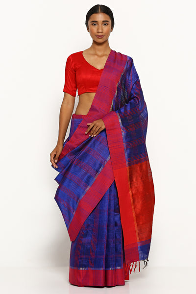 Via East blue handloom pure tussar silk saree with woven red border