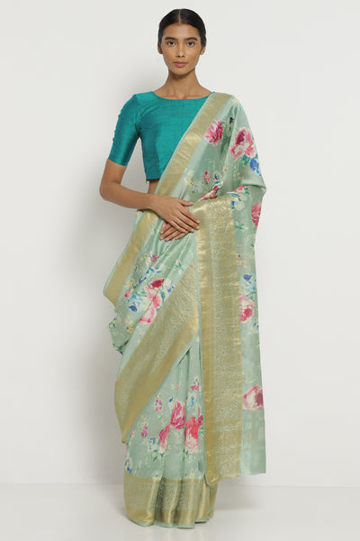 Via East sea green dupion silk with all over floral print and detailed border      