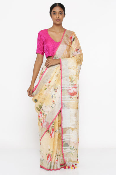 Via East deep yellow pure linen saree with all over floral print and silver zari border