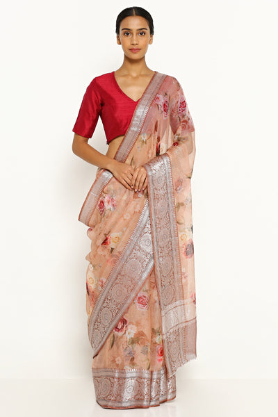Via East pale pink pure silk kota saree with all over floral print
