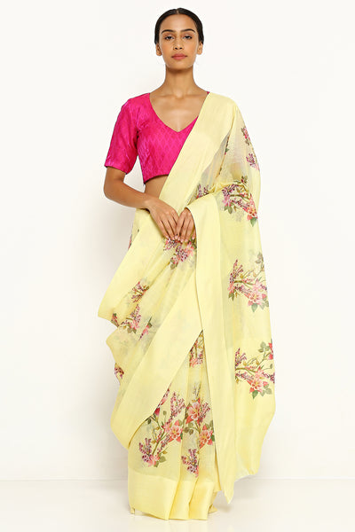 Via East light yellow pure kota silk saree with all over floral print