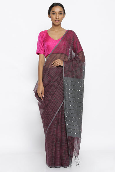 Via East plum grey handloom pure silk cotton saree with checked pattern and embellished pallu