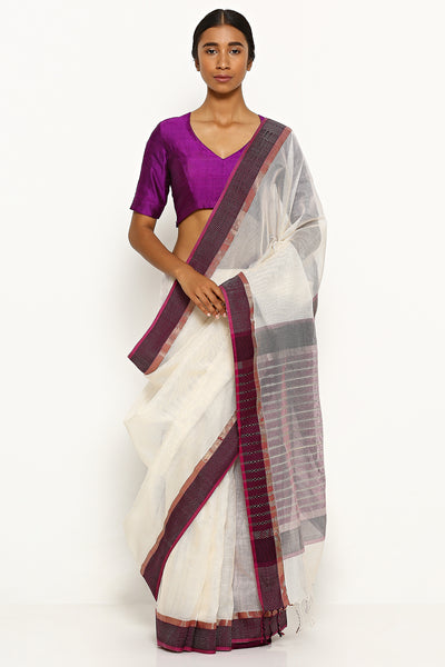 Via East white handloom silk cotton maheshwari saree with contrasting purple border