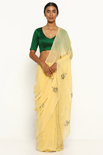 Via East beige pure chiffon saree with traditional gota patti embellishment