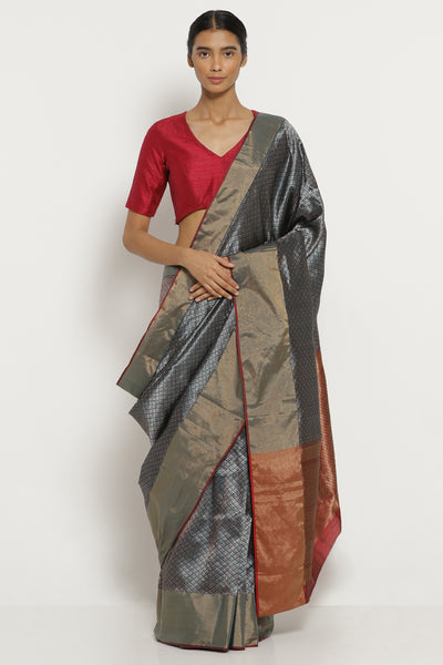 Via East teal blue handloom pure silk banarasi saree with all over intricate gold zari motifs    