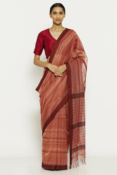 Via East pink maroon pure cotton tissue maheshwari saree with all over striped pattern 