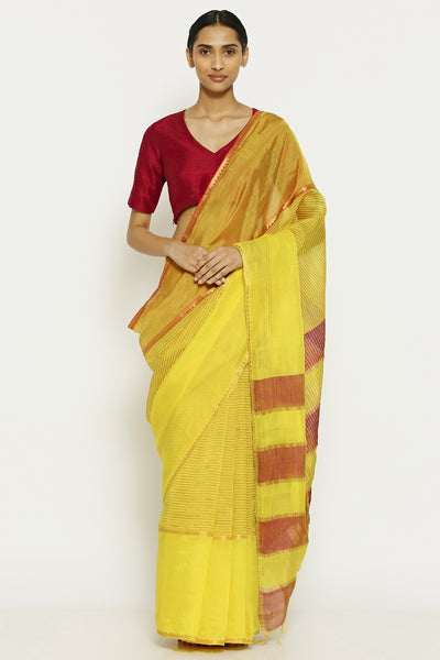 Via East daffodil yellow handloom pure cotton tissue maheshwari saree with gold zari border 