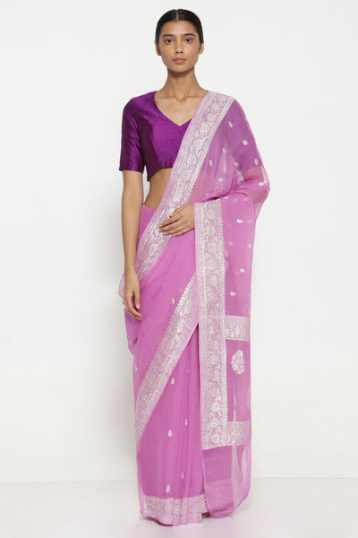 Via East lilac pure silk georgette banarasi sheer saree with all over silver zari motifs and rich border