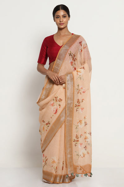 Via East peach pure linen saree with all over floral print and silver zari border