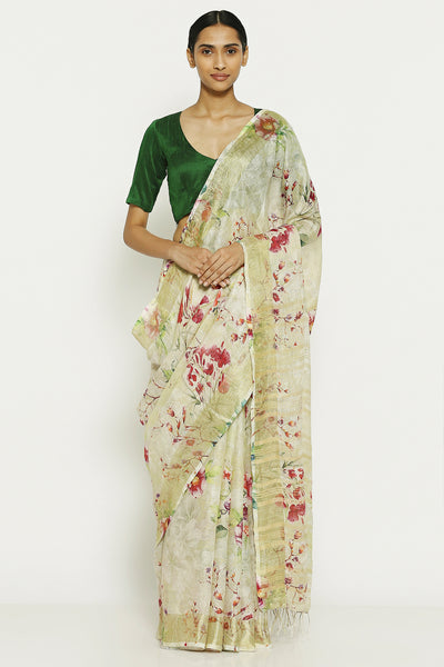 Via East beige pure linen saree with all over floral print and gold zari border 