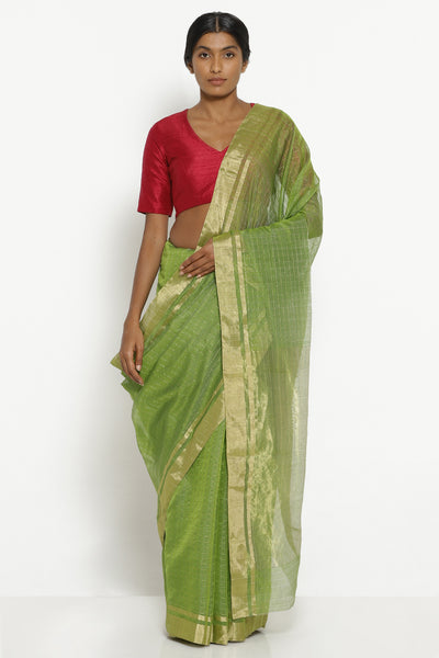 Via East sage green silk cotton chanderi saree with all over zari checks