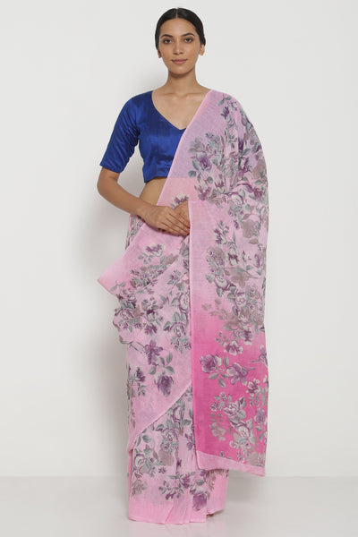 Via East light pink pure linen saree with all over watercolour florals 