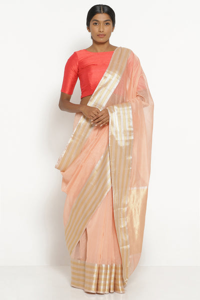 Via East peach handloom silk cotton chanderi saree with gold and silver woven border