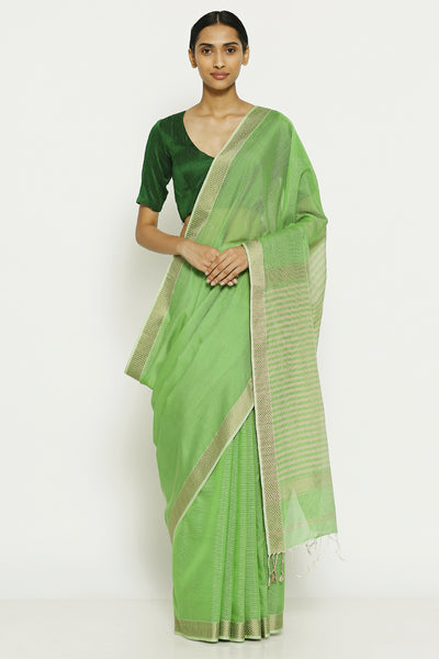 Via East lime green handloom pure silk cotton maheshwari saree with striped pallu 