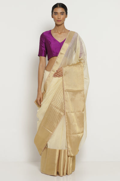 Via East off white handloom silk cotton chanderi saree with rich gold border 