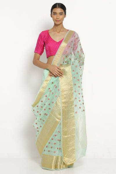 Via East aqua blue handloom pure silk organza saree with all over embroidered floral motifs     