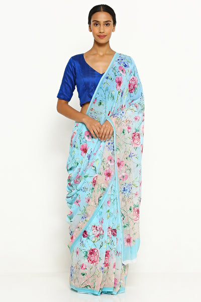 Via East blue beige pure wrinkled chiffon saree with all over floral print