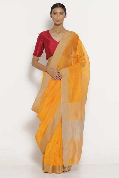 Via East bright yellow handloom pure silk cotton maheshwari saree with woven gold border