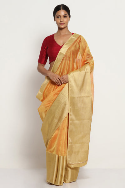Via East yellow ochre handloom silk cotton chanderi saree with rich gold border