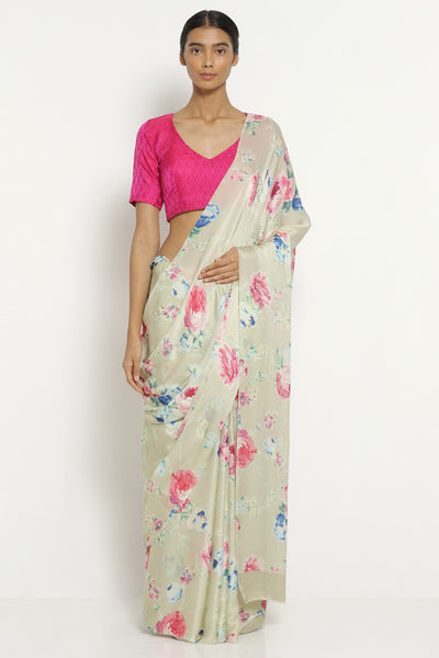 Via East beige silk satin saree with all over floral print satbei2219        