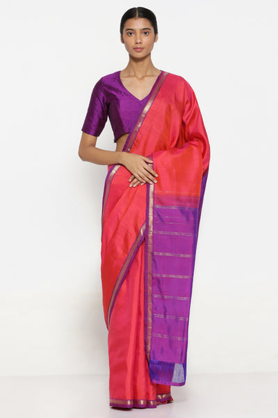 Via East pink handloom pure silk kanjeevaram saree with gold zari border and contrasting pallu