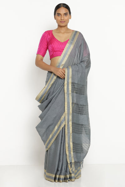 Via East charcoal grey handloom pure cotton kota saree with all over checked pattern