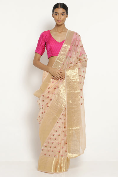 Via East pale pink handloom pure silk organza saree with all over floral embellishments      