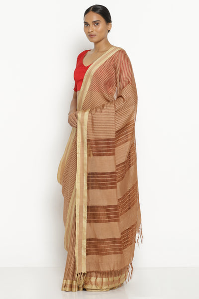 Via East brown handloom pure cotton kota saree with all over checked pattern